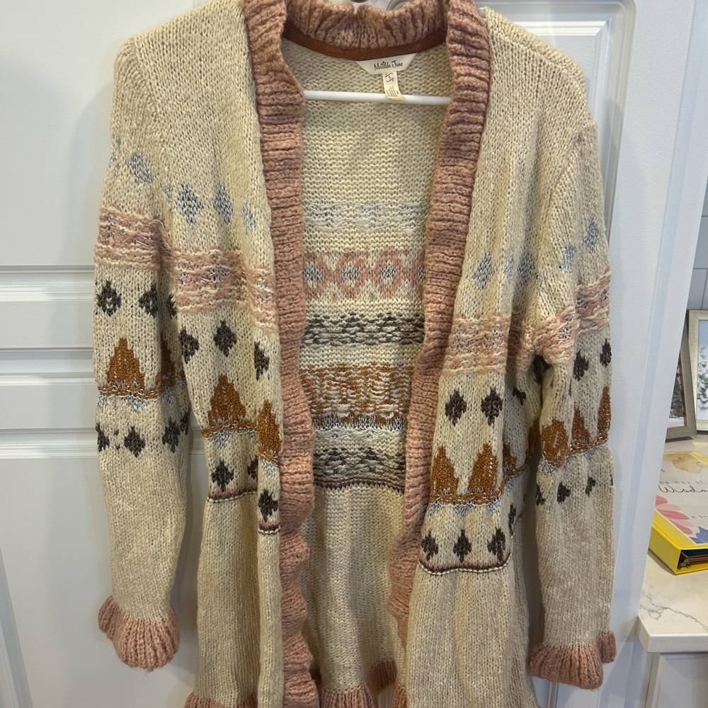 Matilda Jane "Just Imagine" Jacie Knit Ruffled Cardigan Womens S Pink Cream